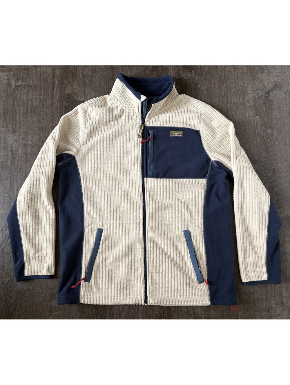 LL Bean Mountain Classic Windproof Fleece Jacket Waffle Grid Cream Blue XL Tall